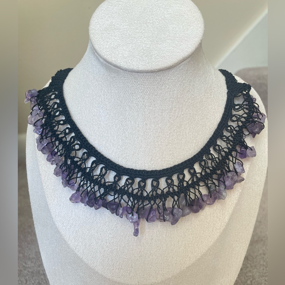 Amethyst, Crochet Bib Collar Necklace, Beaded Lace Choker, Hippie Style, Boho